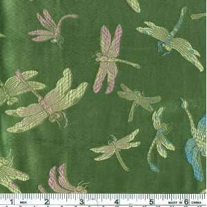  44 Wide Oriental Brocade Fabric Dragonflies Olive Green 