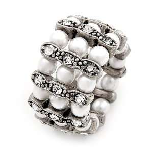  White Faux Pearl and Crystal Stretch Fashion Ring Jewelry