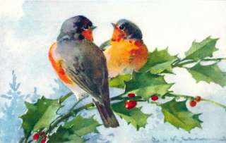 Catherine Klein Robins Christmas Holly Birds REPRO GREETING CARD 