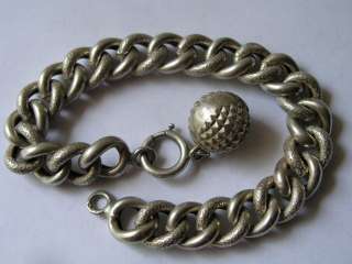 ANTIQUE FRENCH SILVER PUFFY CHARM BRACELET w/ BALL BOULE FOB  