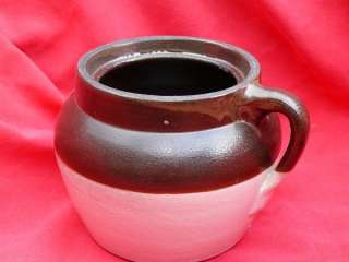 SMALL POTTERY BROWN & GREY BEAN POT w ONE EARED HANDLE  