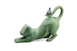   Green Verdigris Aluminum Crouching Cat with Bird Garden Statue  
