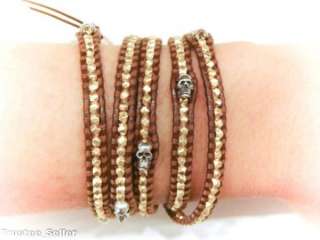 Chan Luu Mixed Skull Gold Nugget Leather Wrap Bracelet  