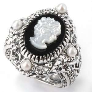   Silver Agate, Onyx, Cultured Pearl & Marcasite Cameo Ring Jewelry