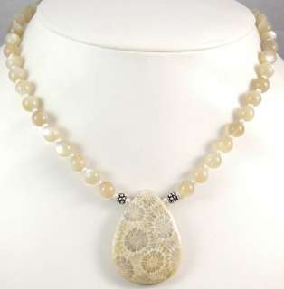 FOSSILIZED CORAL PENDANT MILKY MOONSTONE BEADS NECKLACE  