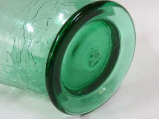 Hand Blown Ruffled Top Green Crackle Glass Vase  