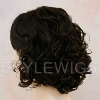 Short Human Hair Blend Curly Wavy Heat Safe Darkest Brown Wig SASE 2 