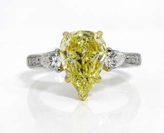 18K White Gold Pear Shaped Fancy Yellow Diamond Ring  