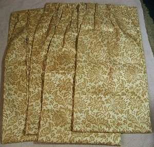   Vintage Golden Mustard Textured Floral Pinch Pleat Drapes  