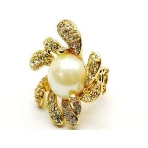  Gold Tone Crystal Stud 1 Pearl Flower Adjustable/ Stretch 