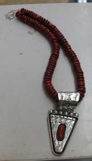 SPECTACULAR Red Coral Bead Sterling Pendant Necklace  