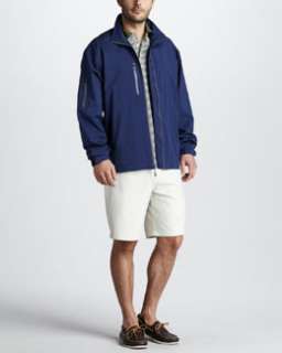   Waterproof Rain Jacket, Striped Jersey Polo & Raleigh Stretch Shorts