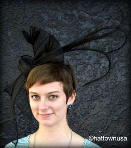   Kentucky Derby Fascinator Hat Big Bow Black Sinamay Straw Feathers