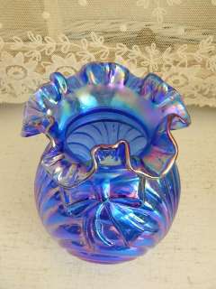   Gorgeous~Fenton Blue Carnival Glass Bow and Drape Vase~MINT!  