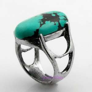 Yazilind Oval Turquoise Gemstone Tibet Silver Ring Sz 9  