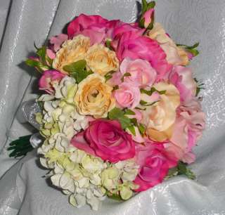 Pink Yellow Cream ~ Bridal BOUQUET Silk Wedding Flowers Handtied Soft 