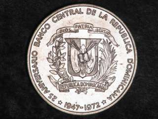 DOMINICAN REPUBLIC 1972 1 Peso Central Bank Silver Crown Unc