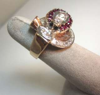   CARAT DIAMOND RUBY 14K PINK ROSE GOLD DECO RETRO 1940S RING SALE
