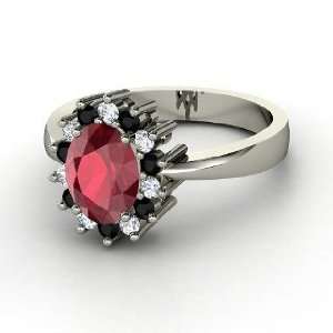   Ring, Oval Ruby 14K White Gold Ring with Diamond & Black Onyx: Jewelry