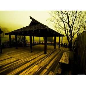 Japanese Gazebo on Deck overlooking Water and Hills Photographic 