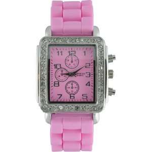  Geneva Pink Rectangle Face Silicone Watch with Crystal 