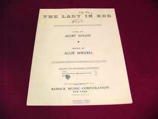 1935 THE LADY IN RED ALLIE WRUBEL PIANO SHEET MUSIC  