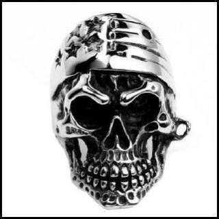 Mens Stainless Steel Outlaw Biker Skull & US Flag Ring  