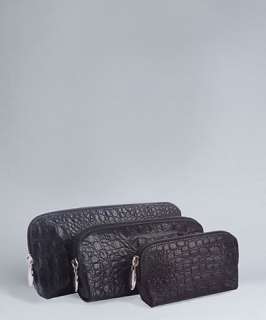 Furla black croc embossed leather 3 in 1 cosmetics case