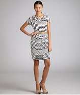 Donna Morgan ivory and navy textured striped jersey rope belted dress 