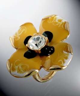 Kenneth Jay Lane yellow enamel and crystal floral cocktail ring 