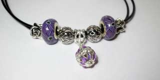   Pandora Black Leather Lariat Purple Passionw/7 Beads/Charms Gift box