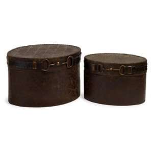 Equestrian Boxes   Set of 2 by IMAX Dark Brown Leather Oval Storage 
