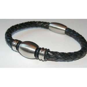    Unisex 8 Black Leather & Stainless Steel Bracelet 