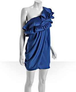 BCBGMAXAZRIA larkspur blue one shoulder pleated ruffle dress  BLUEFLY 