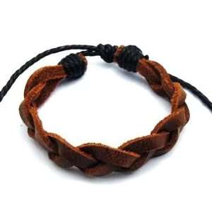   Mens Brown Plaited Leather & Black Cord Surf Wristband Bracelet   0057