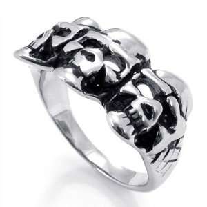   Mens Titanium Steel 3 Skull Silver Ring Size 11 CET Domain Jewelry