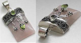 Rose Quartz & Peridot Gemstone Artisan Sterling Silver Pendant  