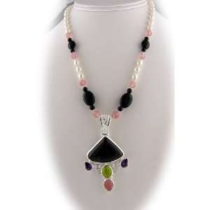   Agate Sterling Silver Pendant Pearl Black Onyx Stone Necklace Jewelry