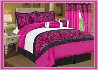 11 Pc Flocking Zebra Satin Comforter Set+Window Curtain Queen Pink 