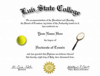 DOCTORATE OF TENNIS NOVELTY DIPLOMA GREAT GIFT  