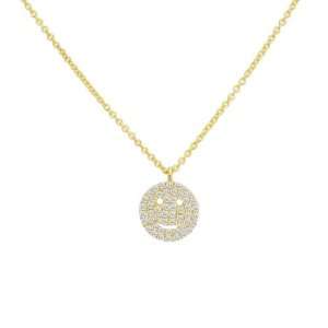   14K Yellow Gold pave Set Diamond Smiley Face Charm Necklace Jewelry