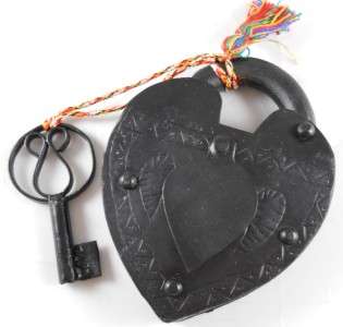 Unique Large Antique Reproduction Heart Padlock with Key & Tassel 